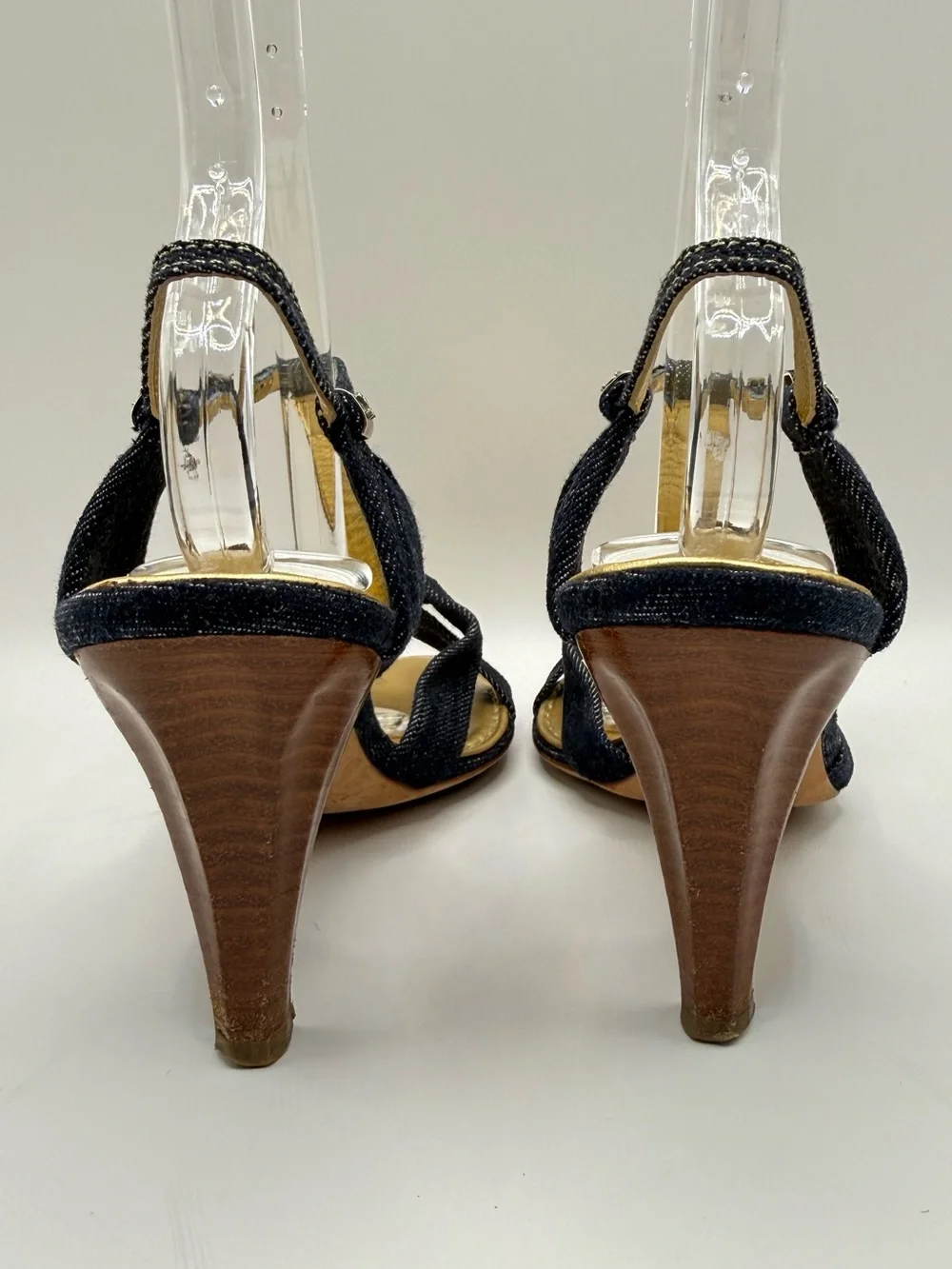 CHANEL Y2K Denim T-Strap  Sandals Heels CC Logo Blue Denim Wood Heel authentic